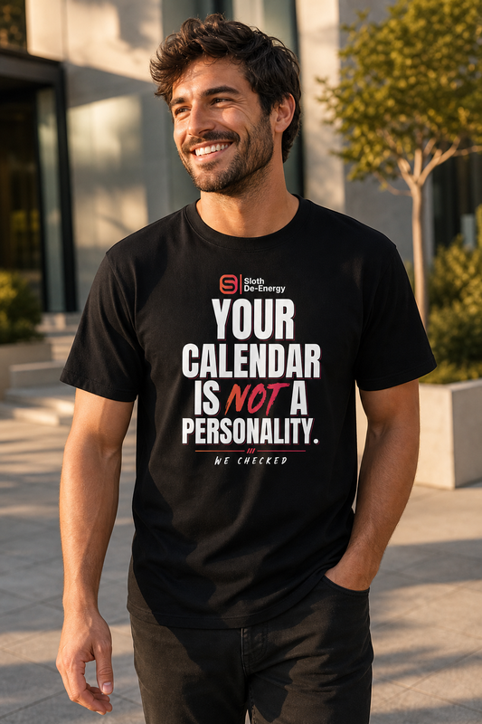 Model wearing the black Your Calendar Is Not a Personality Men’s Premium Heavyweight Tee