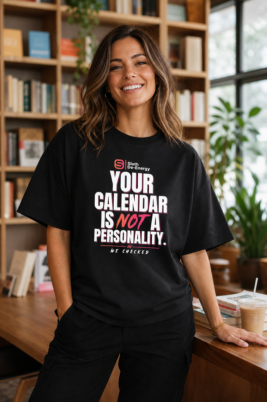 Model wearing the black Your Calendar Is Not a Personality Women’s Heavyweight Boxy Tee