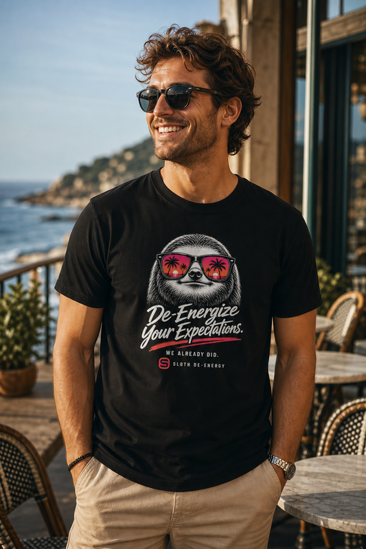 Model wearing the black De-Energize Your Expectations Men’s Premium Heavyweight Tee