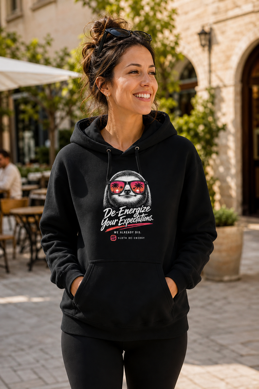 Model wearing the black De-Energize Your Expectations premium hoodie