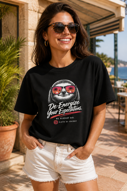 Model wearing the black De-Energize Your Expectations Women’s Heavyweight Boxy Tee