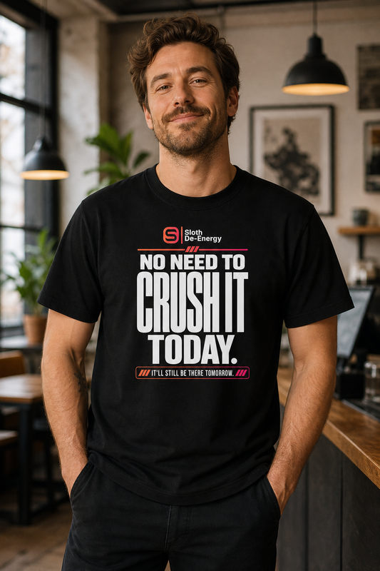 Model wearing the black No Need to Crush It Today Men’s Premium Heavyweight Tee