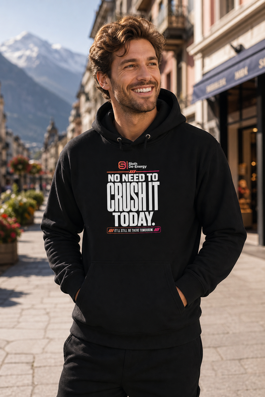 Model wearing the black No Need to Crush It Today premium hoodie
