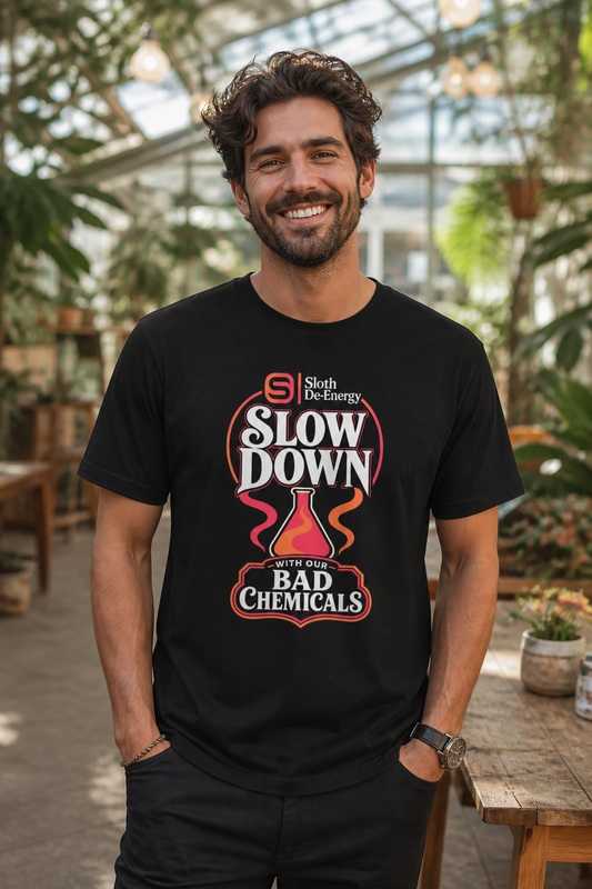 Model wearing the black Slow Down With Our Bad Chemicals Men’s Premium Heavyweight Tee