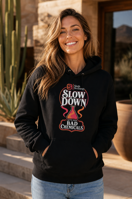 Model wearing the black Slow Down With Our Bad Chemicals premium hoodie