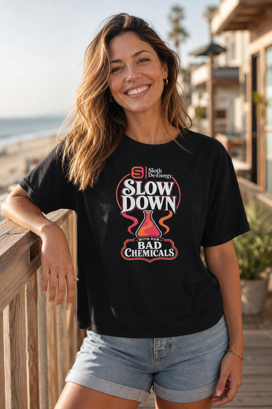 Model wearing the black Slow Down With Our Bad Chemicals Women’s Heavyweight Boxy Tee