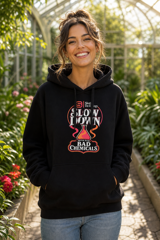 Model wearing the black Slow Down With Our Bad Chemicals Women’s Organic Hoodie