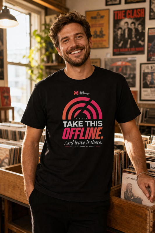 Model wearing the black Let’s Take This Offline Men’s Premium Heavyweight Tee