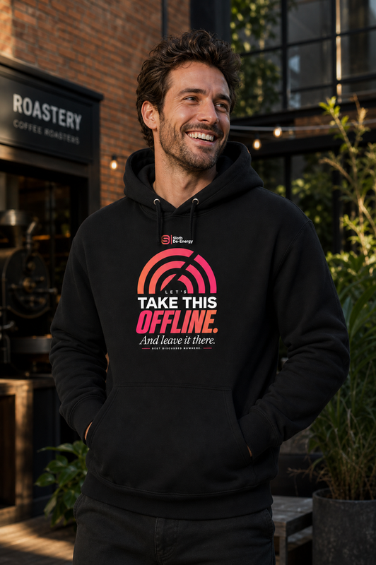 Model wearing the black Let’s Take This Offline premium hoodie