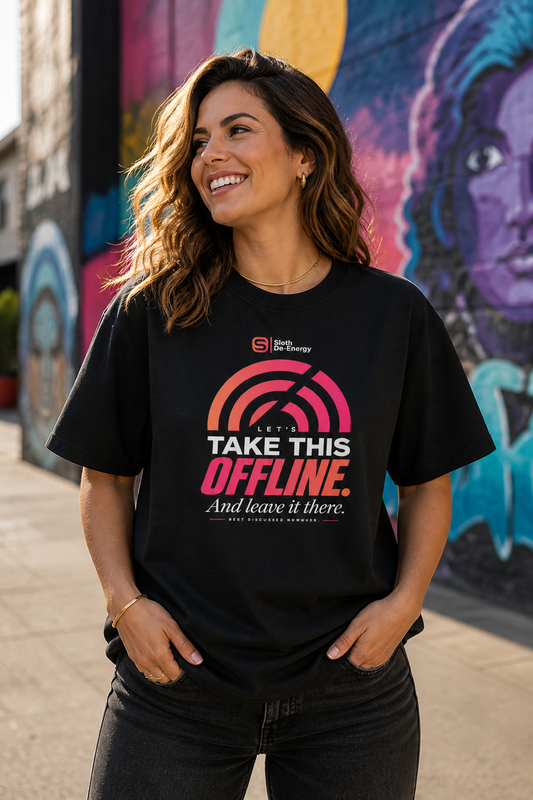 Model wearing the black Let’s Take This Offline Women’s Heavyweight Boxy Tee