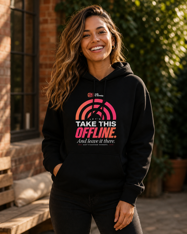 Model wearing the black Let’s Take This Offline Women’s Organic Hoodie